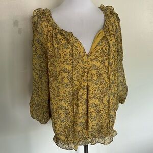 NWOT Max studio yellow floral, ruffled, cold shoulder sheer blouse